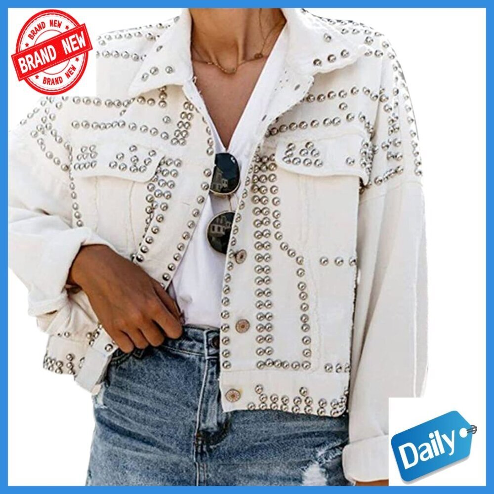 Distressed Western Denim Jacket with Fringe and Studs, Loose Fit